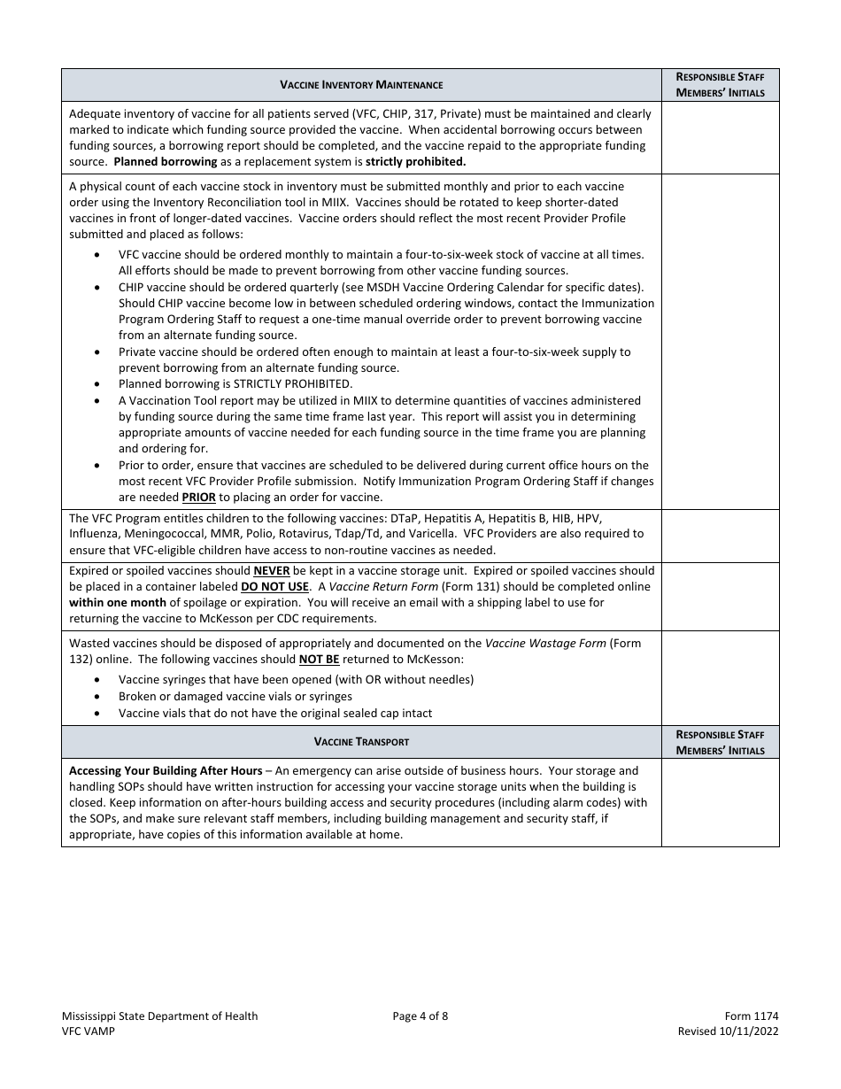 Form 1174 Vaccine Accountability and Management Plan Template - Vaccines for Children (Vfc) Program - Mississippi, Page 4