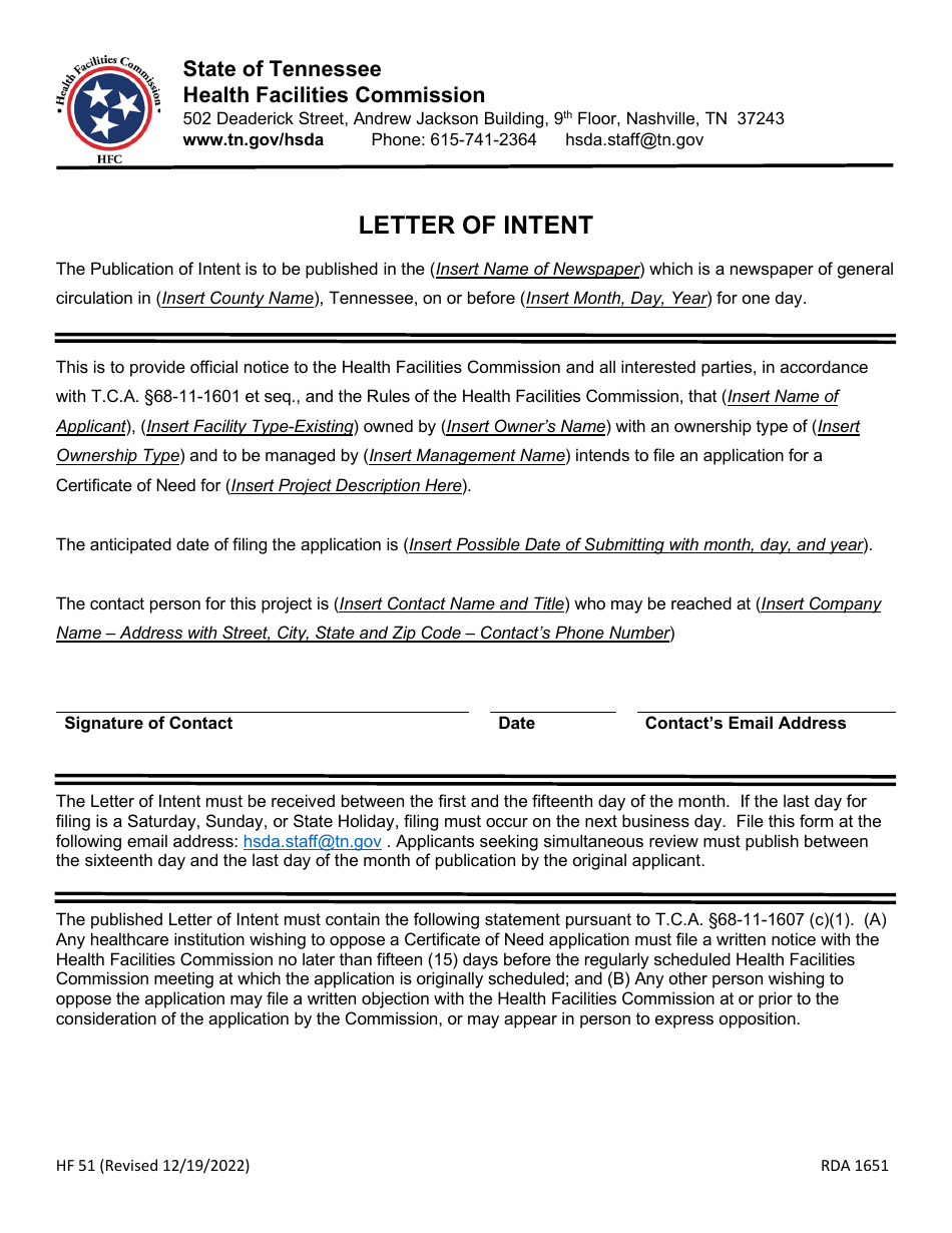 Form HF51 Letter of Intent / Publication of Intent - Tennessee, Page 3