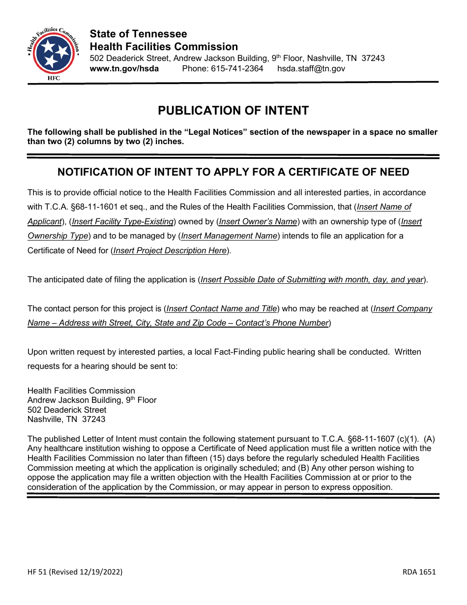 Form HF51 Letter of Intent / Publication of Intent - Tennessee, Page 4