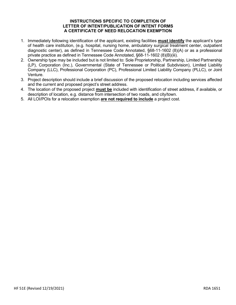 Form HF51E Letter of Intent / Publication of Intent to Apply for a Certificate of Need Relocation Exemption - Tennessee, Page 2