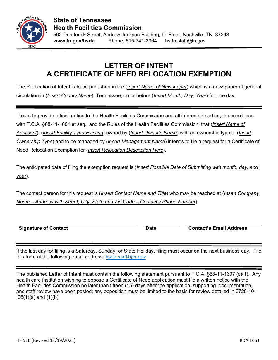 Form HF51E Letter of Intent / Publication of Intent to Apply for a Certificate of Need Relocation Exemption - Tennessee, Page 3