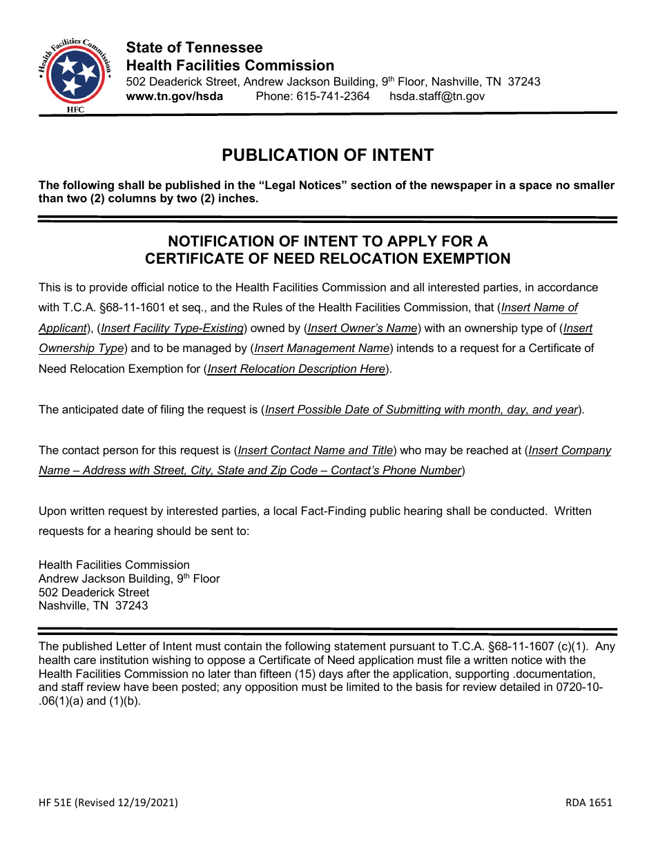 Form HF51E Letter of Intent / Publication of Intent to Apply for a Certificate of Need Relocation Exemption - Tennessee, Page 4
