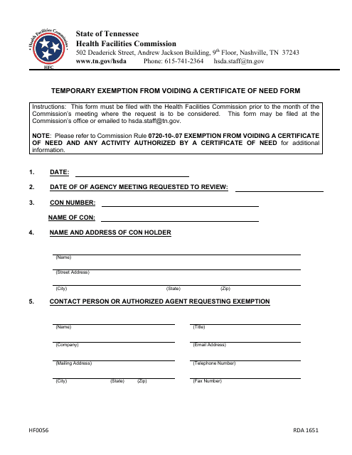 Form HF0056 Temporary Exemption From Voiding a Certificate of Need Form - Tennessee