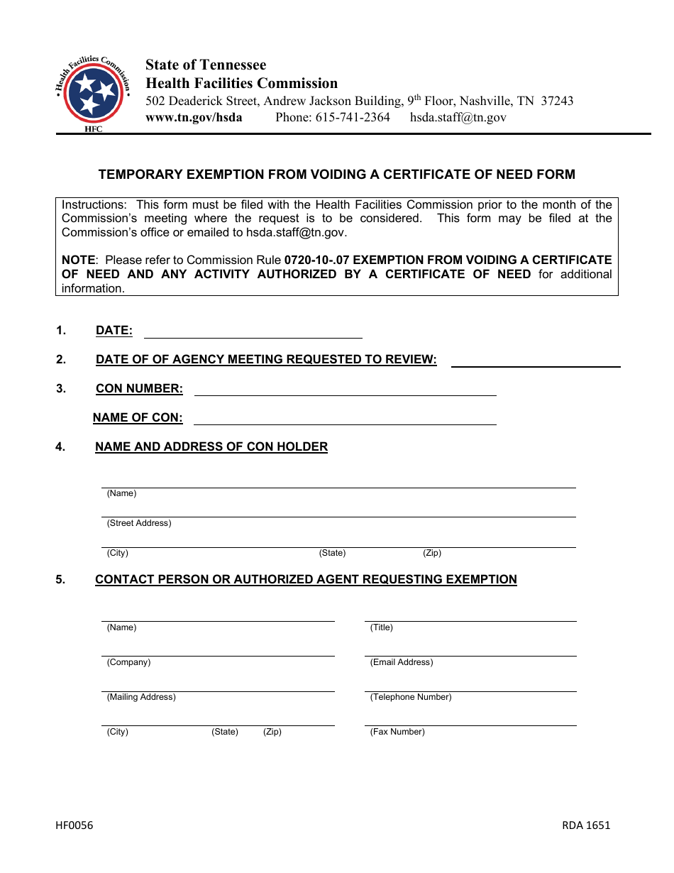 Form HF0056 Temporary Exemption From Voiding a Certificate of Need Form - Tennessee, Page 1