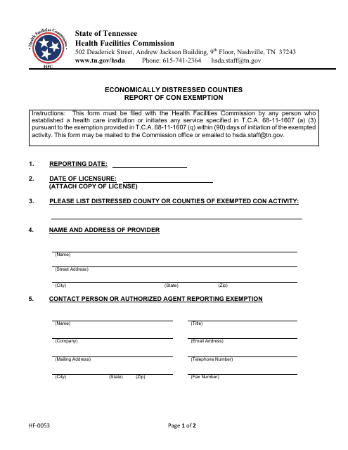 Form HF-0053 Economically Distressed Counties Report of Con Exemption - Tennessee