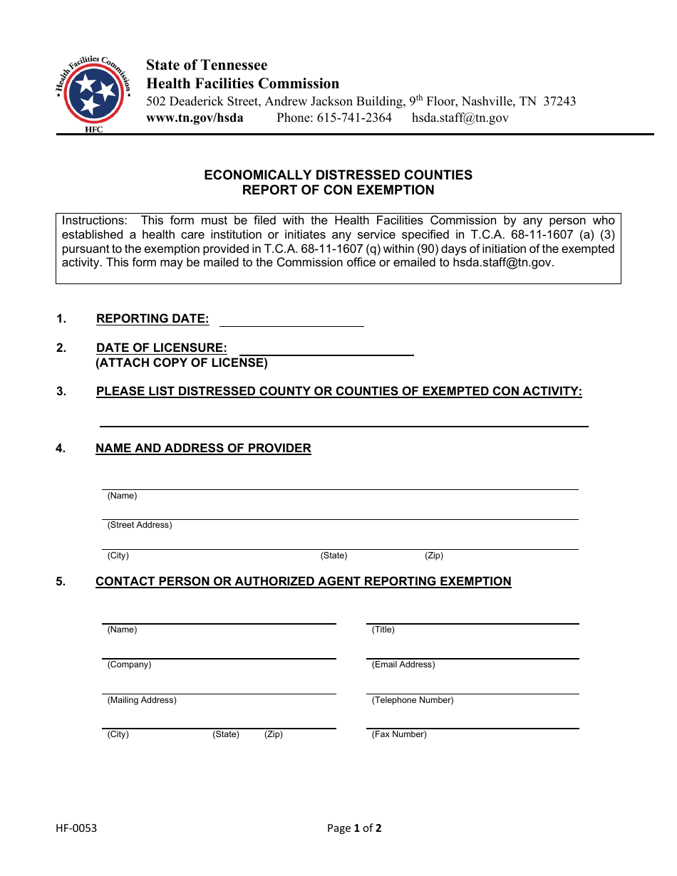 Form HF-0053 Economically Distressed Counties Report of Con Exemption - Tennessee, Page 1