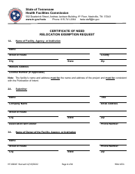 Document preview: Form HF-0004E Certificate of Need Relocation Exemption Request - Tennessee