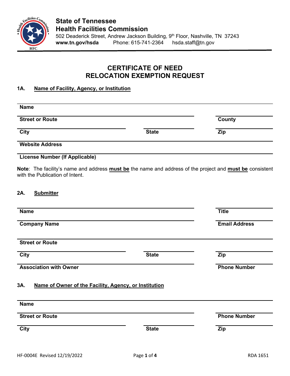 Form HF-0004E Certificate of Need Relocation Exemption Request - Tennessee, Page 1