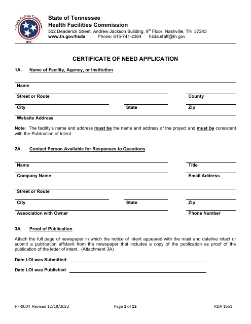 Form HF-0004 Certificate of Need Application - Tennessee