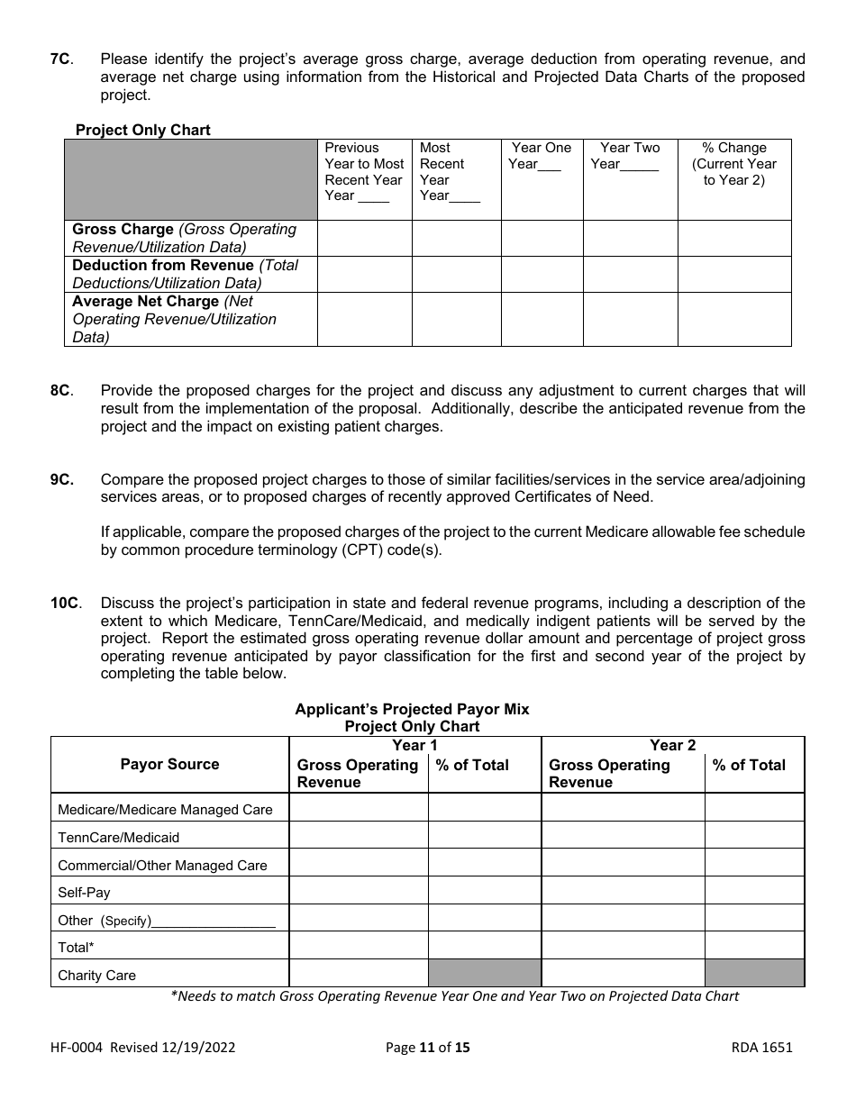 Form HF-0004 Certificate of Need Application - Tennessee, Page 11