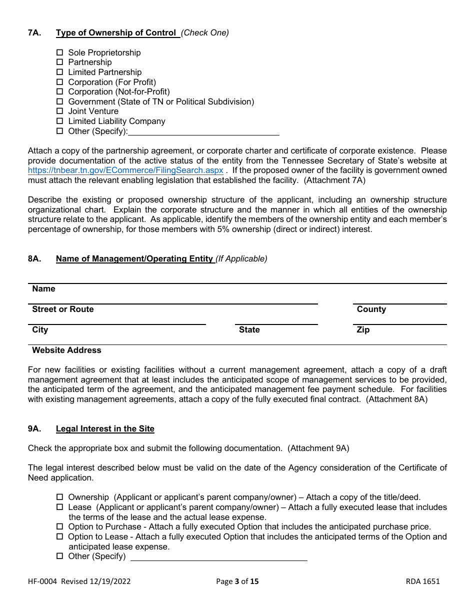 Form HF-0004 Certificate of Need Application - Tennessee, Page 3