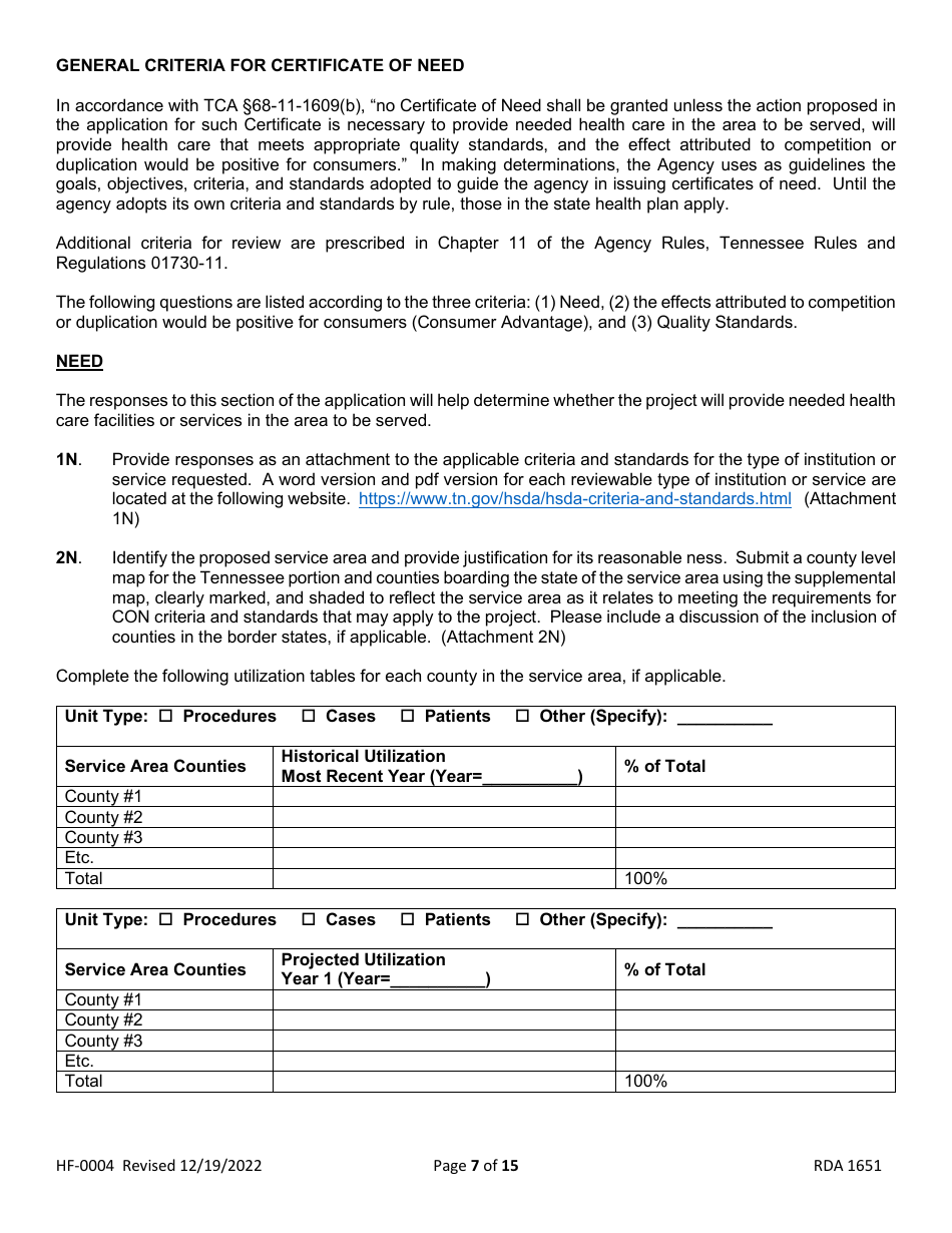 Form HF-0004 Certificate of Need Application - Tennessee, Page 7