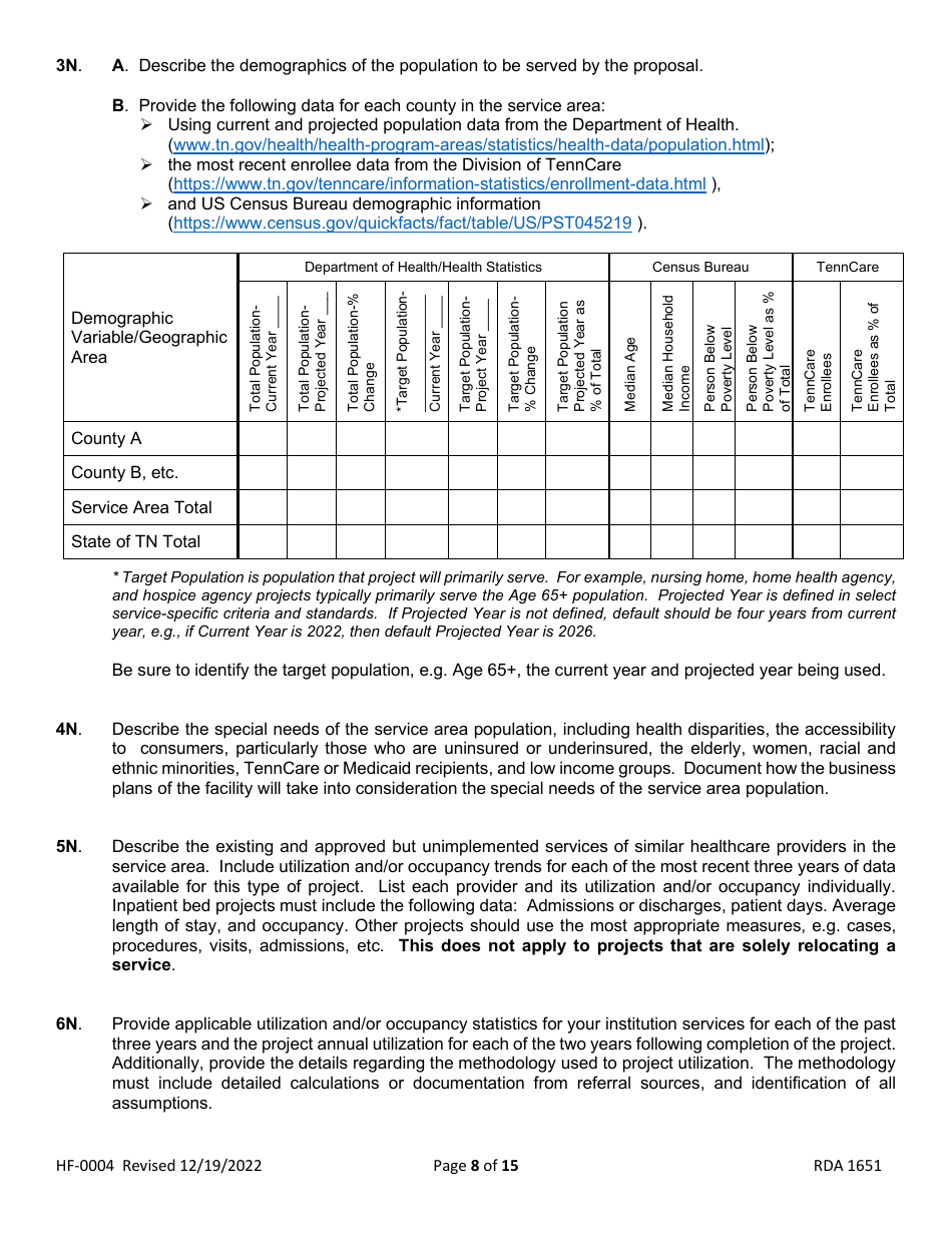 Form HF-0004 Certificate of Need Application - Tennessee, Page 8