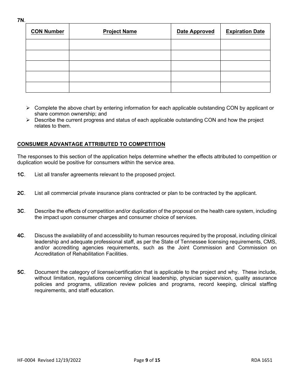 Form HF-0004 Certificate of Need Application - Tennessee, Page 9