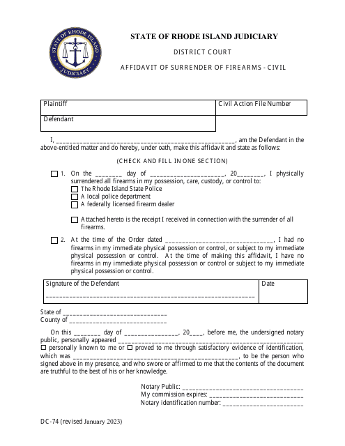 Form DC-74 Affidavit of Surrender of Firearms - Civil - Rhode Island