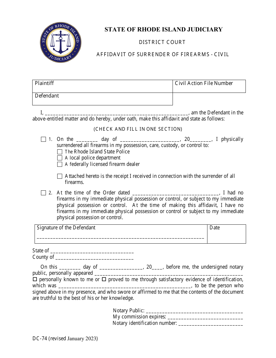 Form DC-74 Affidavit of Surrender of Firearms - Civil - Rhode Island, Page 1