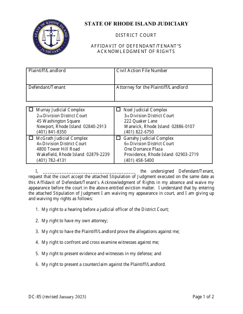 Form DC-85 Affidavit of Defendant/Tenant's Acknowledgment of Rights - Rhode Island