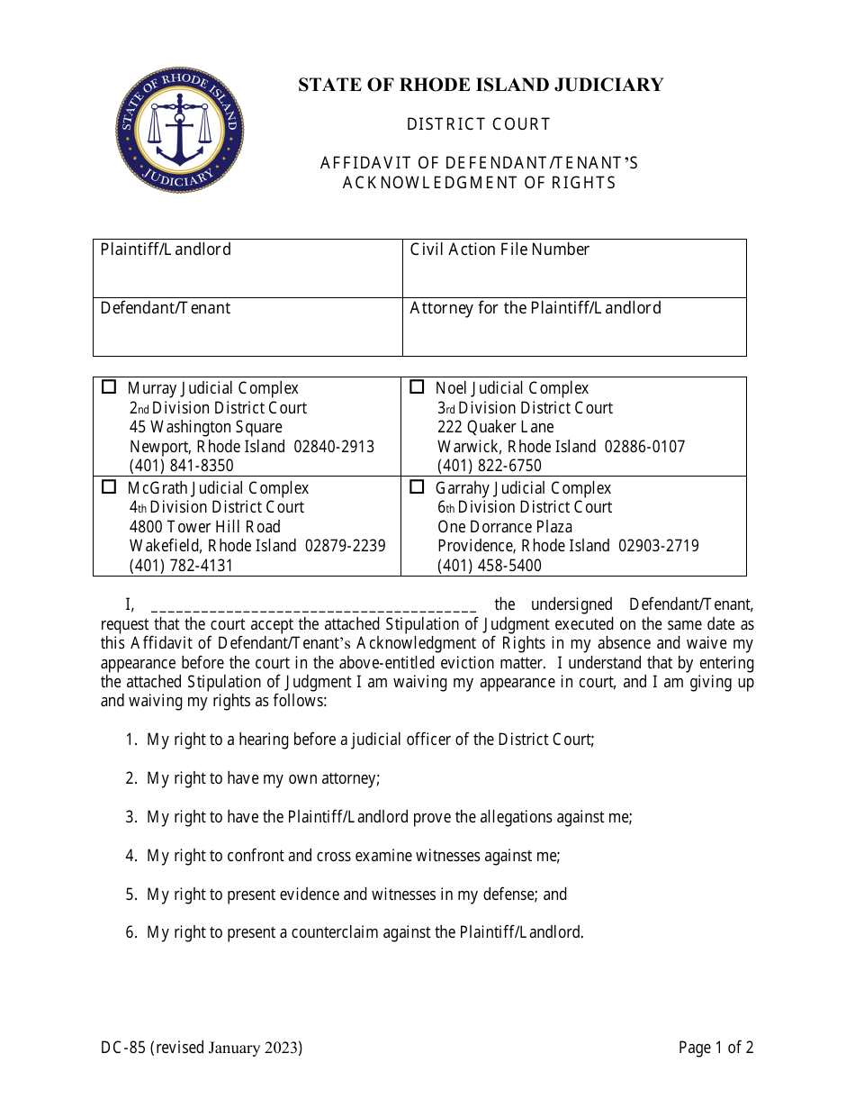 Form DC85 Download Fillable PDF or Fill Online Affidavit of Defendant