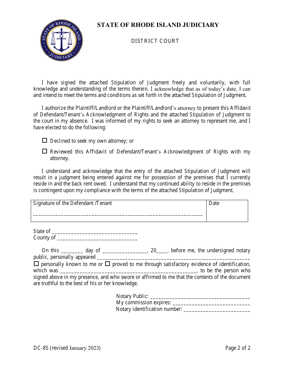 Form DC85 Download Fillable PDF or Fill Online Affidavit of Defendant
