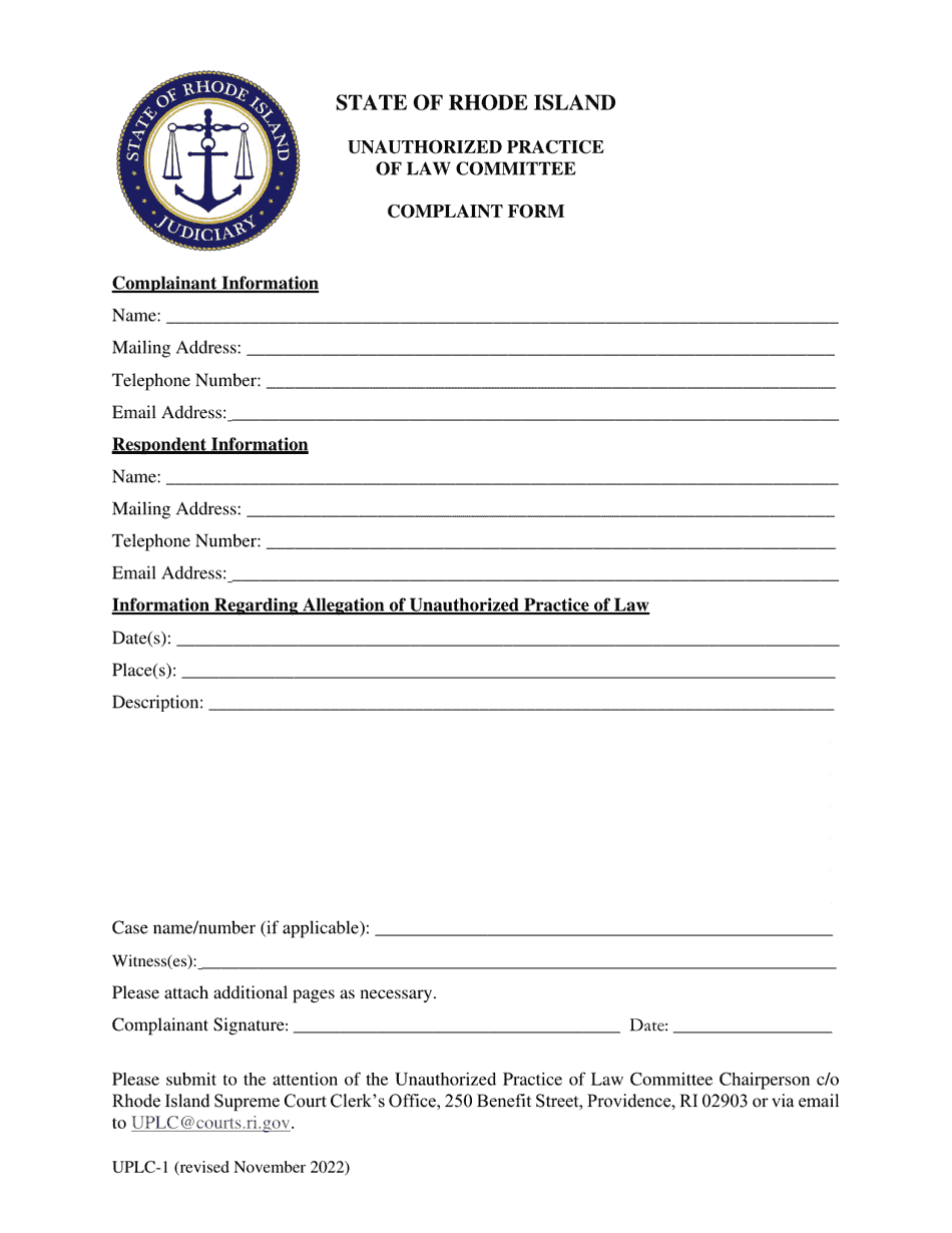 Form UPLC-1 Unauthorized Practice of Law Committee Complaint Form - Rhode Island, Page 1