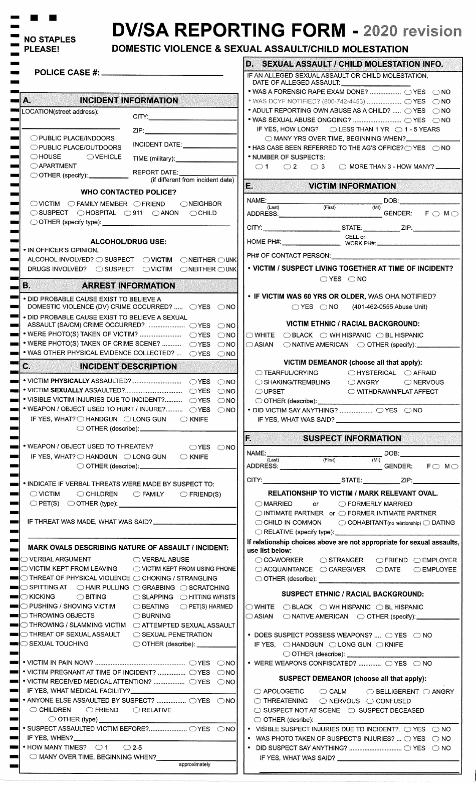 Dv / Sa Reporting Form - Domestic Violence  Sexual Assault / Child Molestation - Rhode Island, Page 1