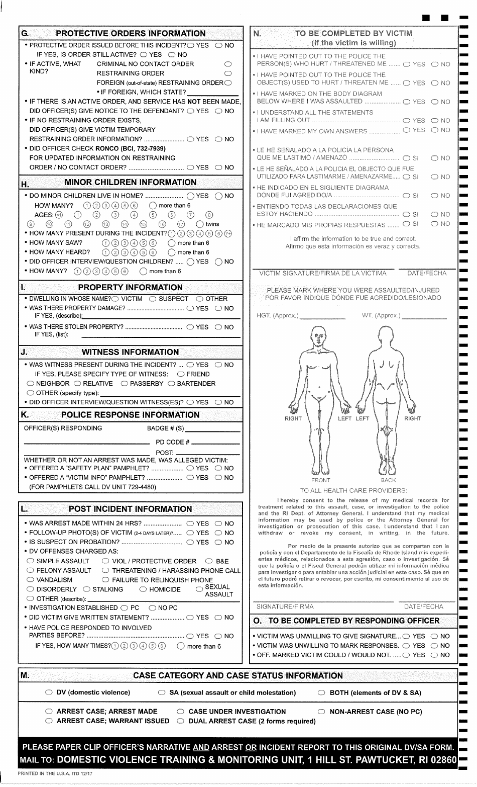 Dv / Sa Reporting Form - Domestic Violence  Sexual Assault / Child Molestation - Rhode Island, Page 2