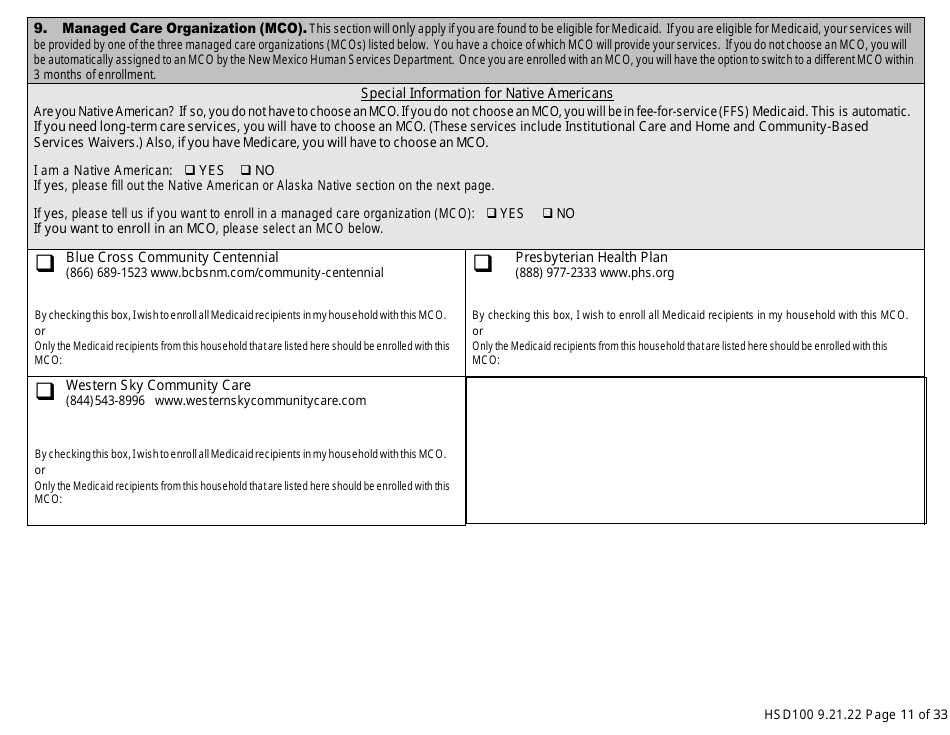 Form HSD100 Application for Assistance - New Mexico, Page 11