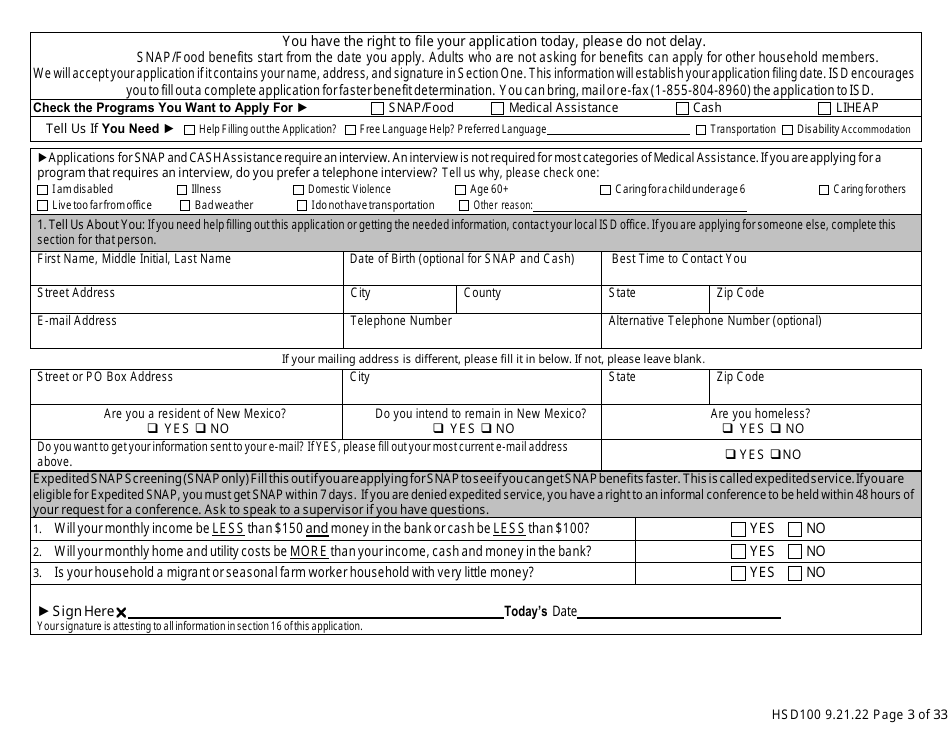 Form HSD100 Application for Assistance - New Mexico, Page 3