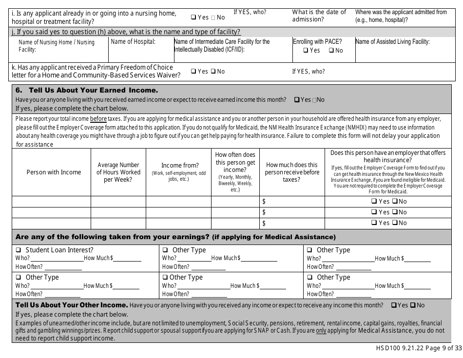 Form HSD100 Application for Assistance - New Mexico, Page 9