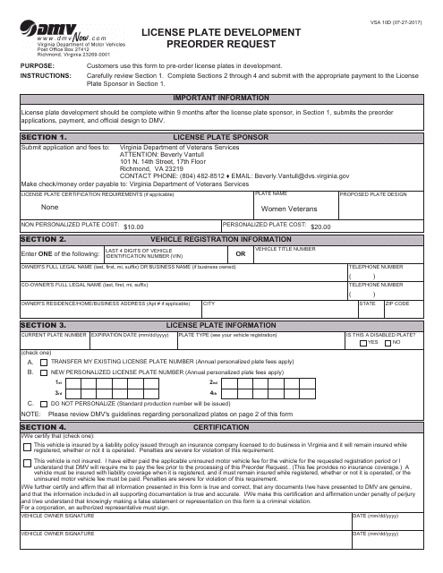 Form VSA100 License Plate Development Preorder Request - Virginia