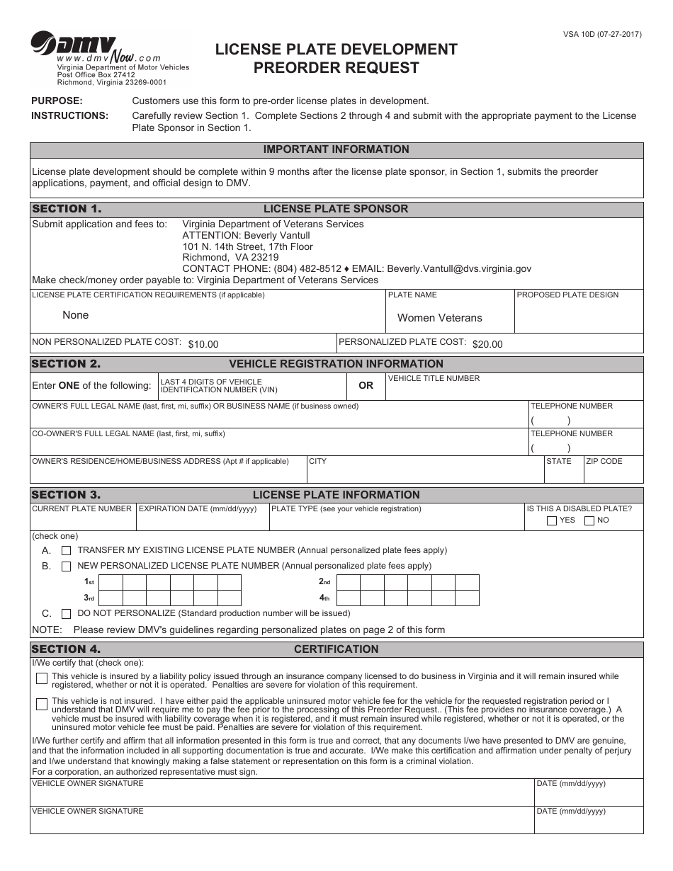Form VSA100 License Plate Development Preorder Request - Virginia, Page 1