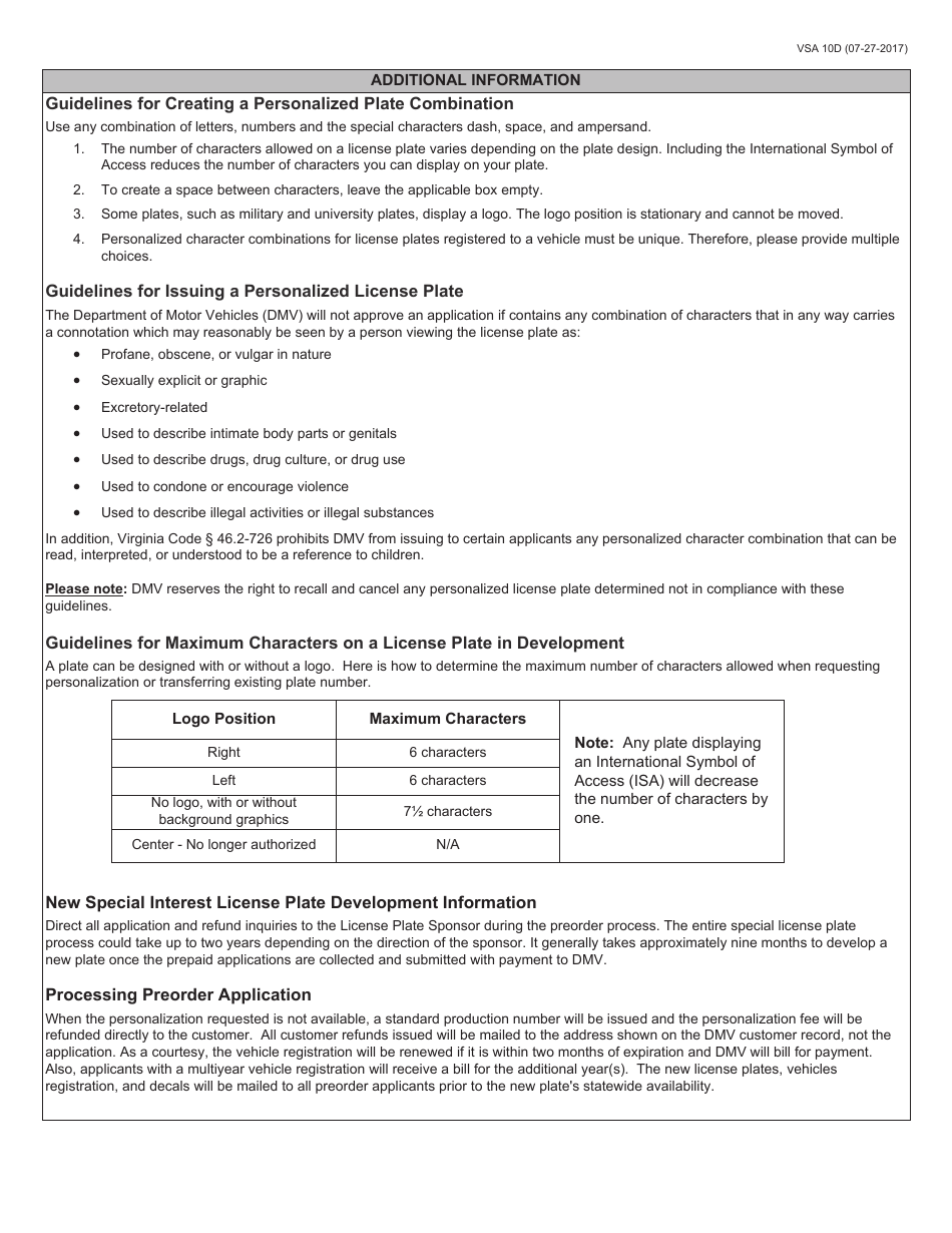 Form VSA100 License Plate Development Preorder Request - Virginia, Page 2