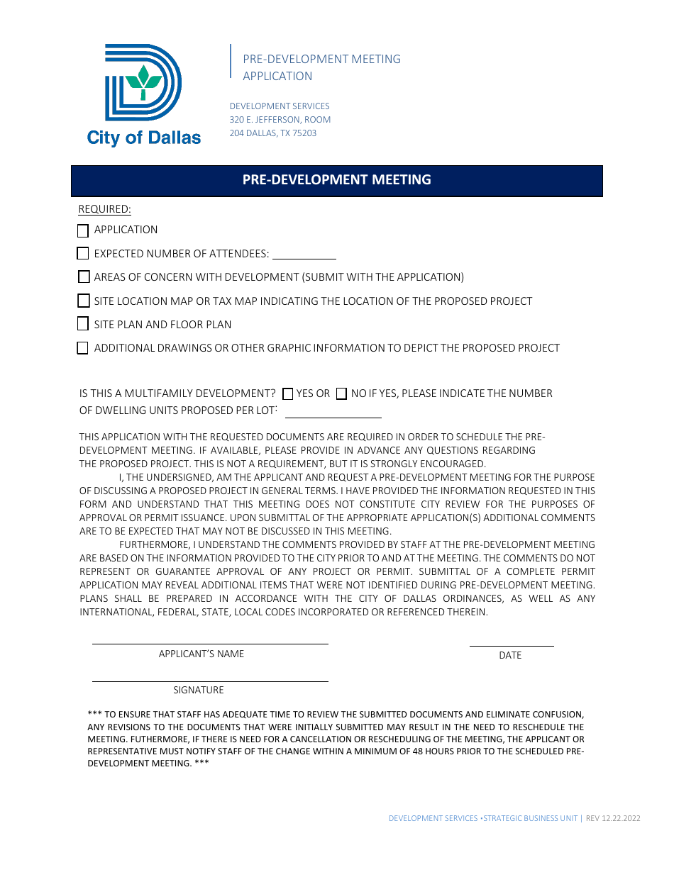 Pre-development Meeting Application - City of Dallas, Texas, Page 1