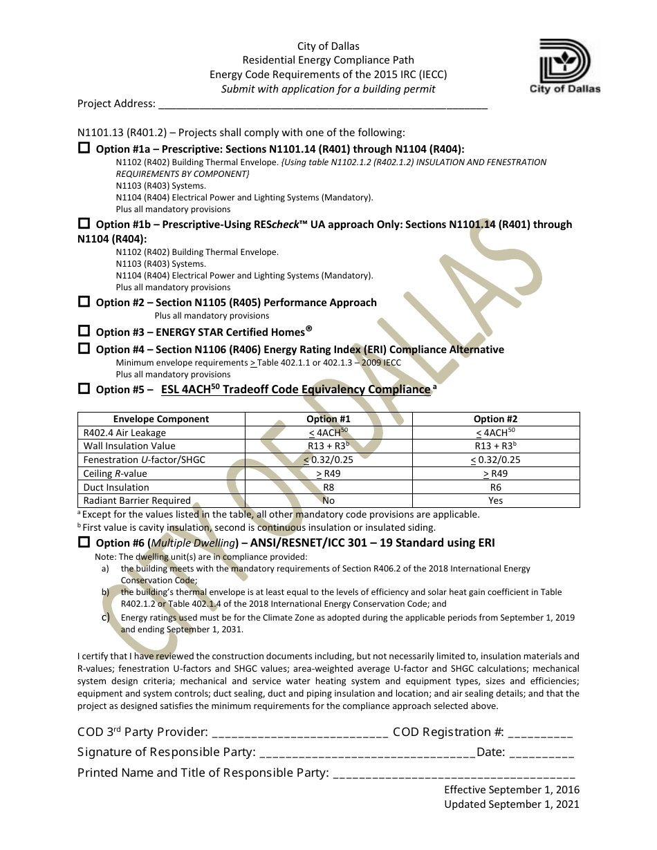 Residential Energy Compliance Path - City of Dallas, Texas, Page 1