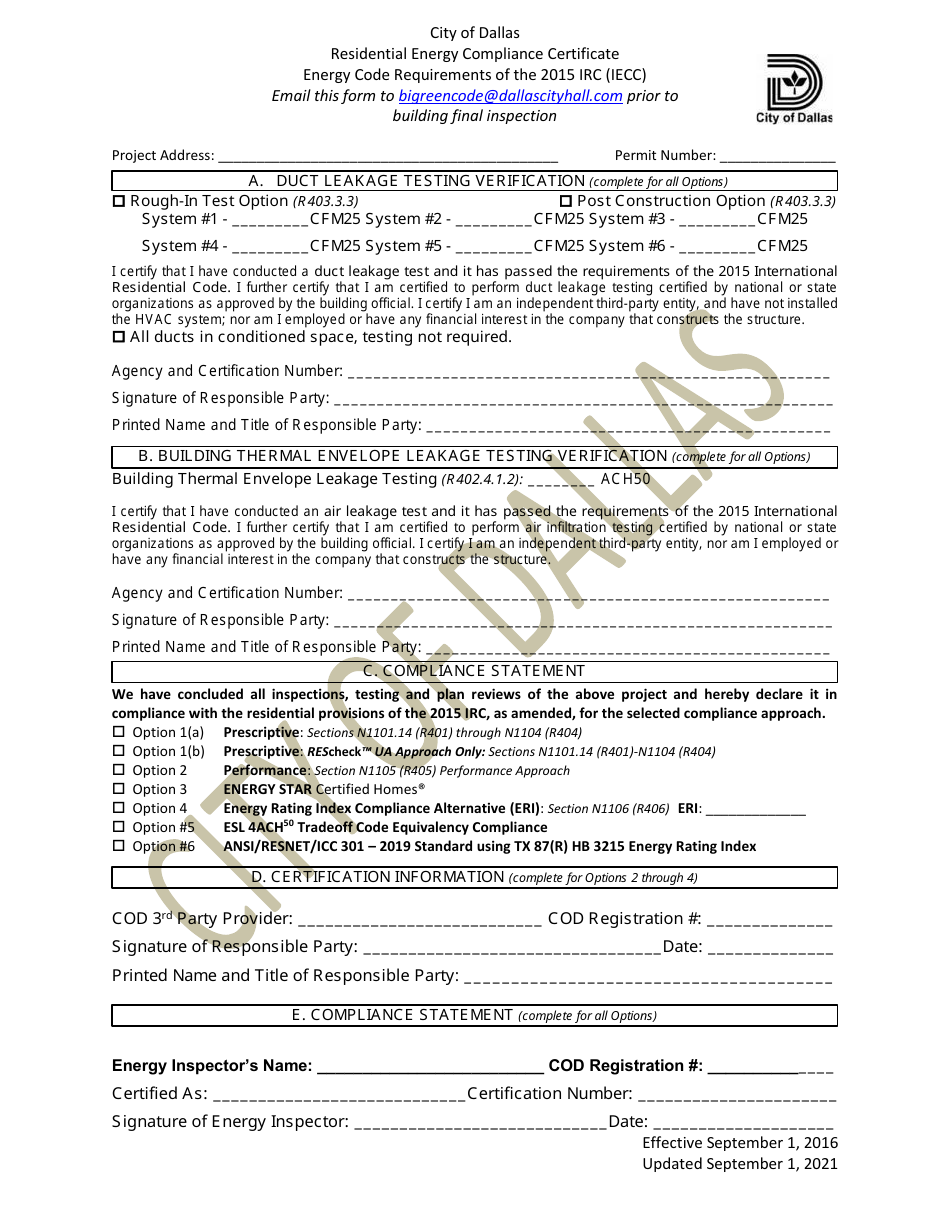 Residential Energy Compliance Certificate - City of Dallas, Texas, Page 1