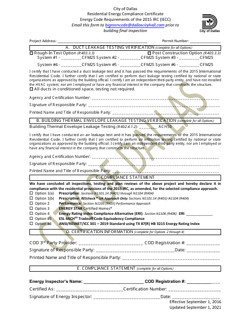 Residential Energy Compliance Certificate - City of Dallas, Texas Download Pdf