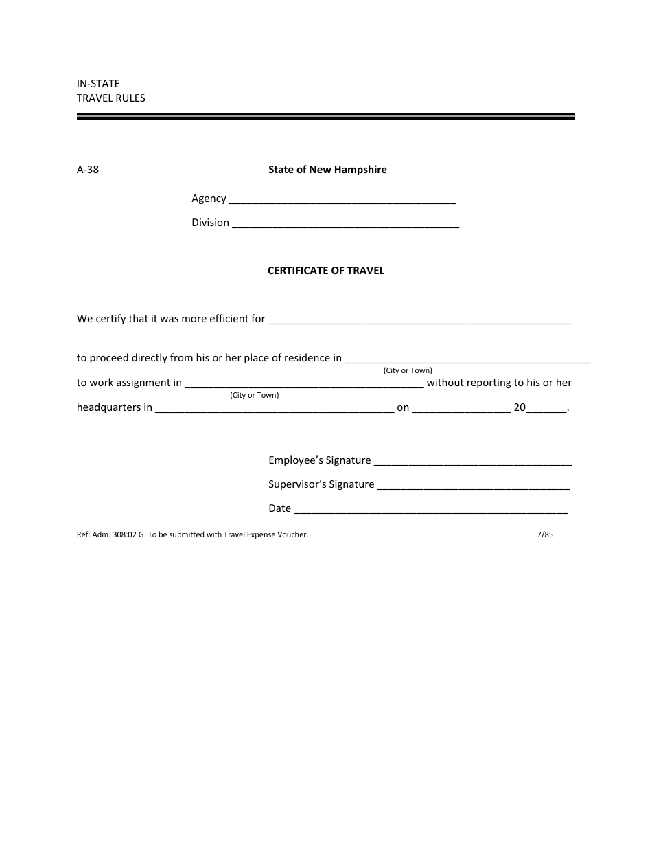 Form A-38 Certificate of Travel - New Hampshire, Page 1