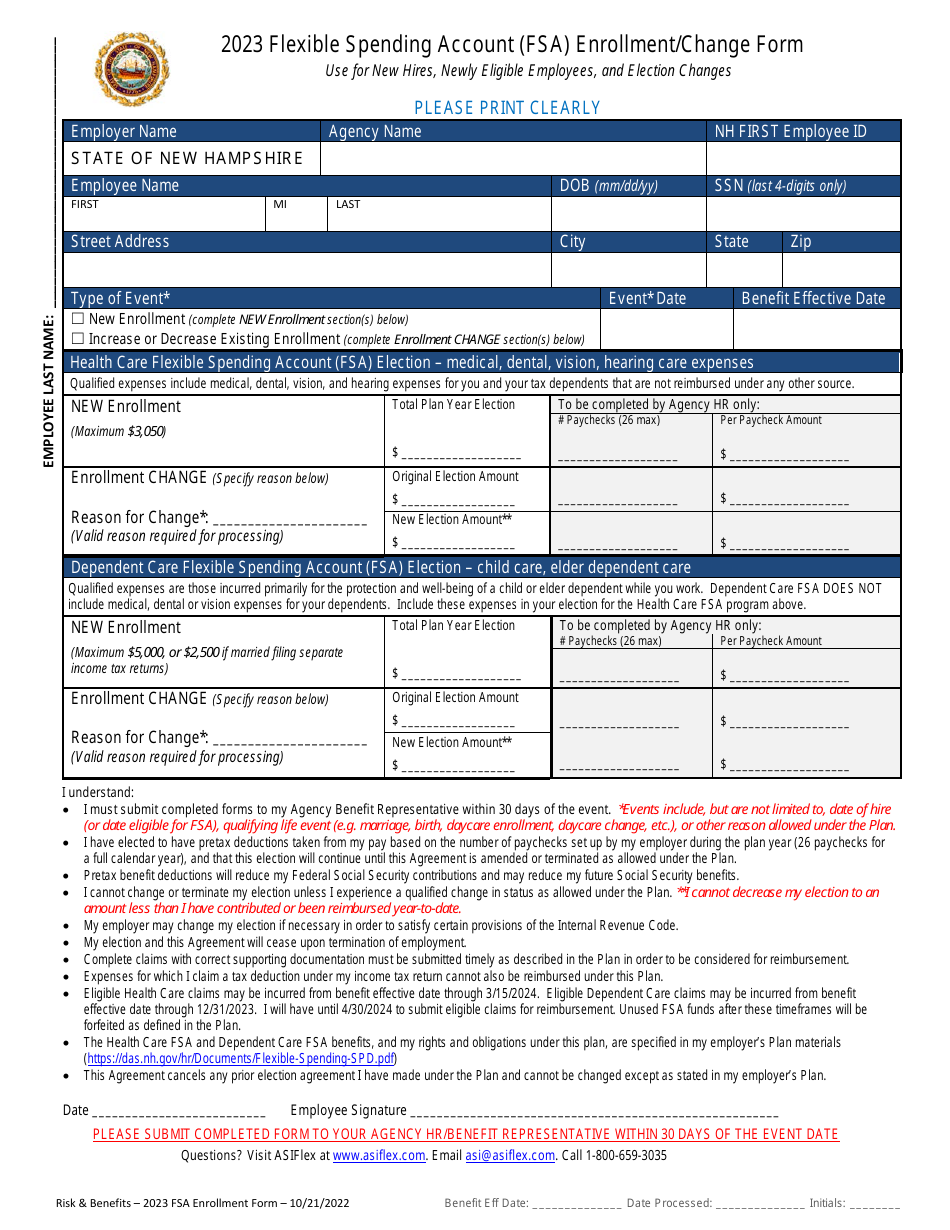 Flexible Spending Account (FSA) Enrollment / Change Form - New Hampshire, Page 1