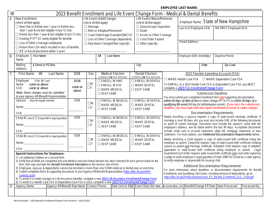 Benefit Enrollment and Life Event Change Form - Medical  Dental Benefits - New Hampshire, Page 1