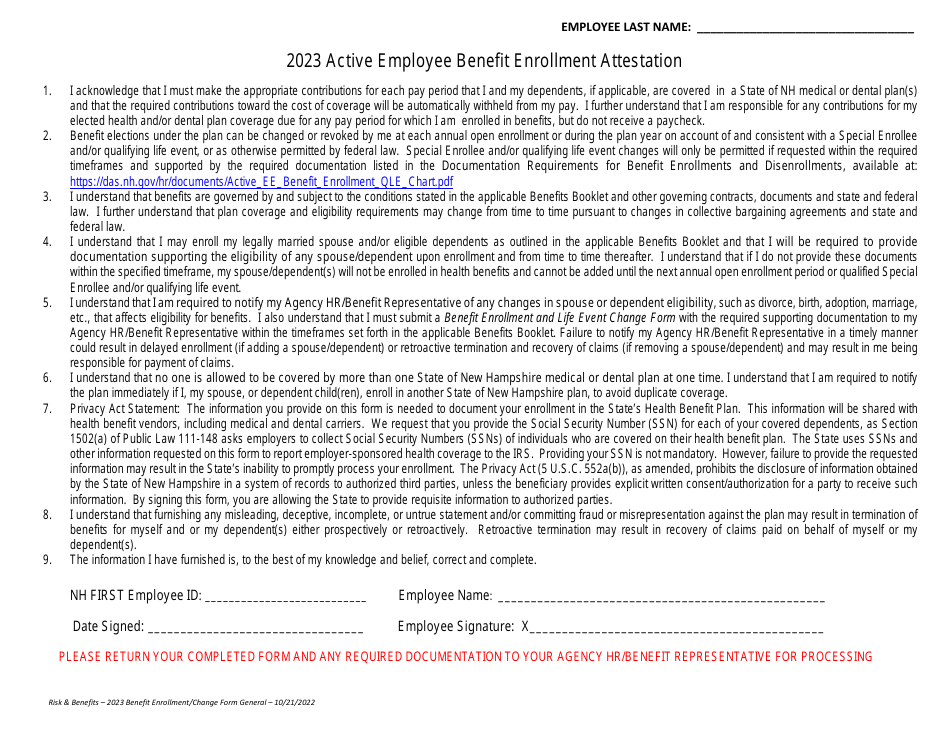Benefit Enrollment and Life Event Change Form - Medical  Dental Benefits - New Hampshire, Page 2