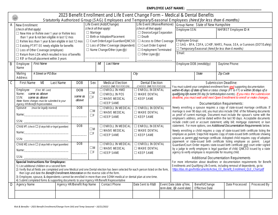 Benefit Enrollment and Life Event Change Form - Medical  Dental Benefits - Statutorily Authorized Group (Sag) Employees and Temporary / Seasonal Employees (Hired for Less Than 6 Months) - New Hampshire, Page 1