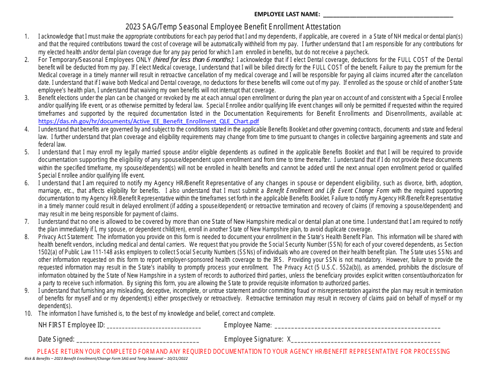 Benefit Enrollment and Life Event Change Form - Medical  Dental Benefits - Statutorily Authorized Group (Sag) Employees and Temporary / Seasonal Employees (Hired for Less Than 6 Months) - New Hampshire, Page 2