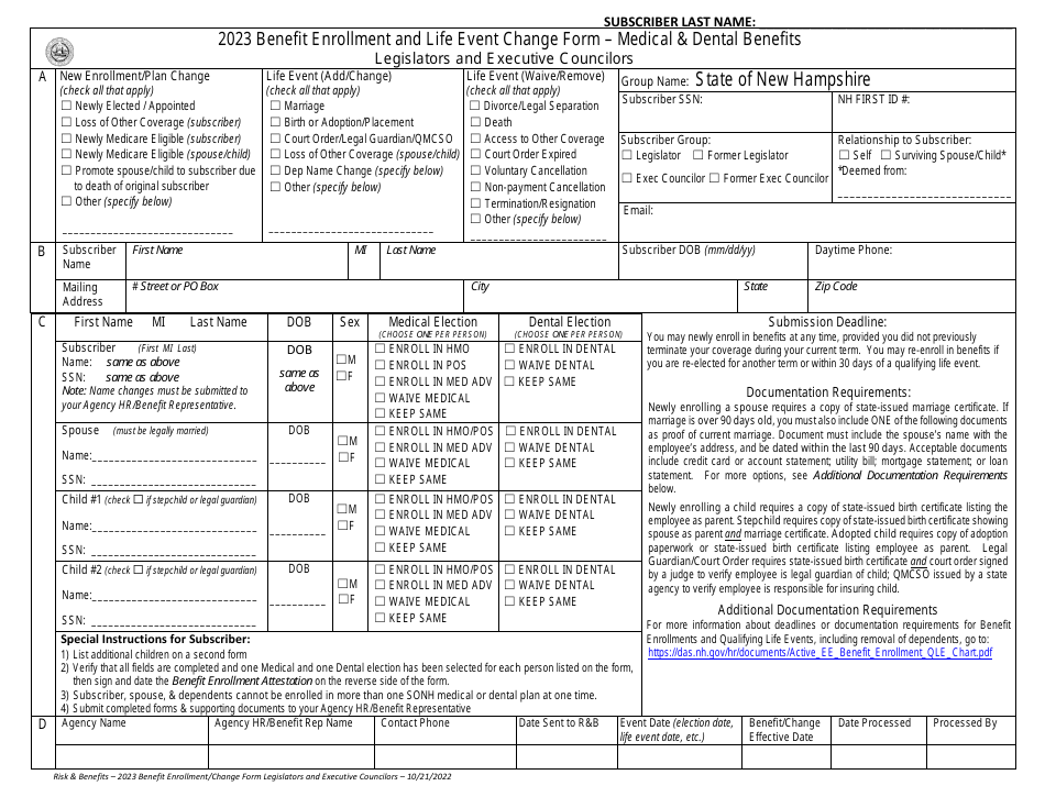 Benefit Enrollment and Life Event Change Form - Medical  Dental Benefits - Legislators and Executive Councilors - New Hampshire, Page 1