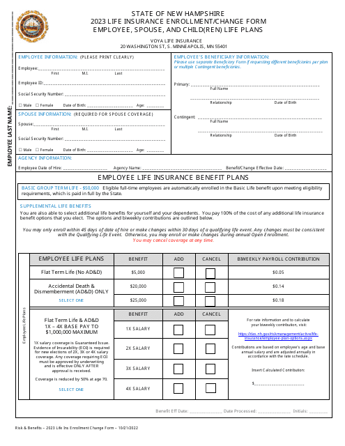 Life Insurance Enrollment/Change Form - Employee, Spouse, and Child(Ren) Life Plans - New Hampshire, 2023