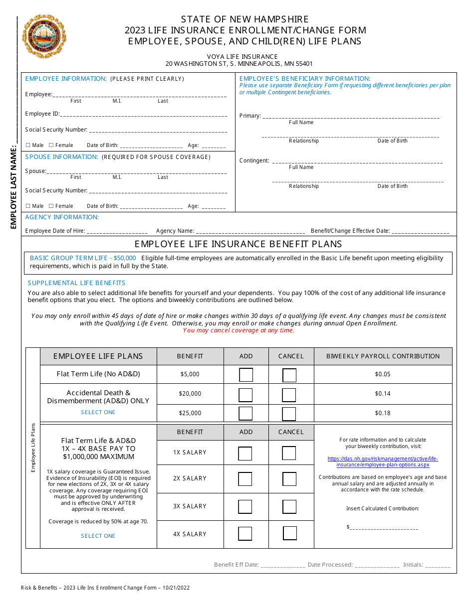 2023 New Hampshire Life Insurance Enrollment/Change Form Employee