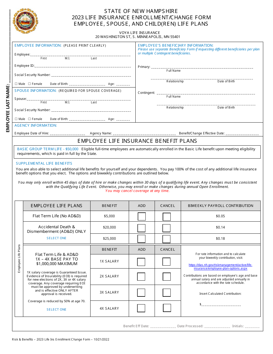 Life Insurance Enrollment / Change Form - Employee, Spouse, and Child(Ren) Life Plans - New Hampshire, Page 1