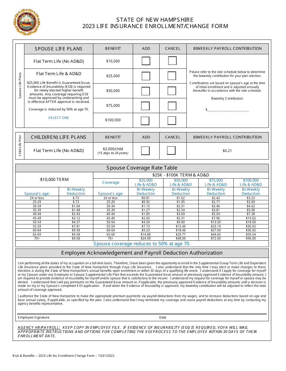 Life Insurance Enrollment / Change Form - Employee, Spouse, and Child(Ren) Life Plans - New Hampshire, Page 2