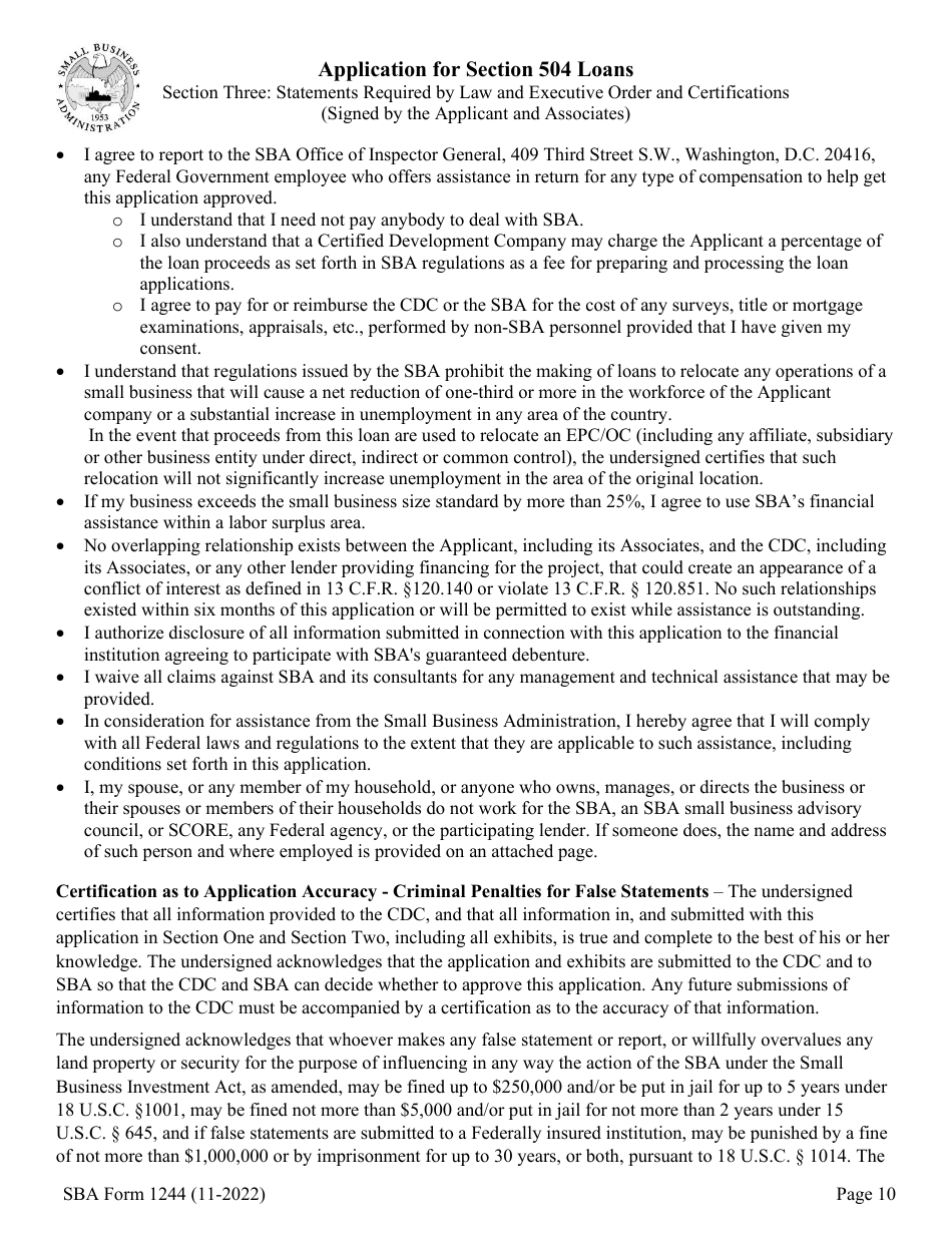 SBA Form 1244 Download Fillable PDF or Fill Online Application for