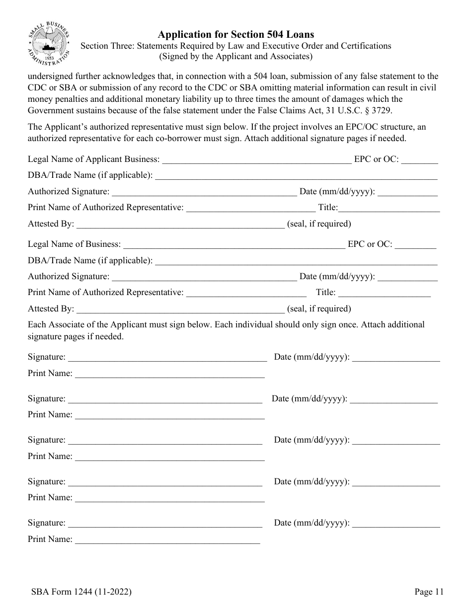 SBA Form 1244 Download Fillable PDF or Fill Online Application for