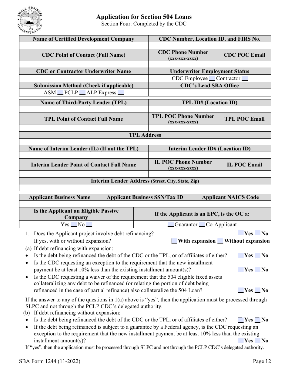 SBA Form 1244 Download Fillable PDF or Fill Online Application for